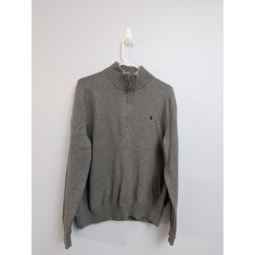 X2 Polo Ralph Lauren 1/4 Zip Men's Gray Pull Over Sweater SZ L Green Pony Preppy